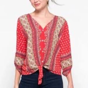 West Kai Talina V-Neck Tie Front 3/4 Sleeve Bohemian Blouse‎ Size L